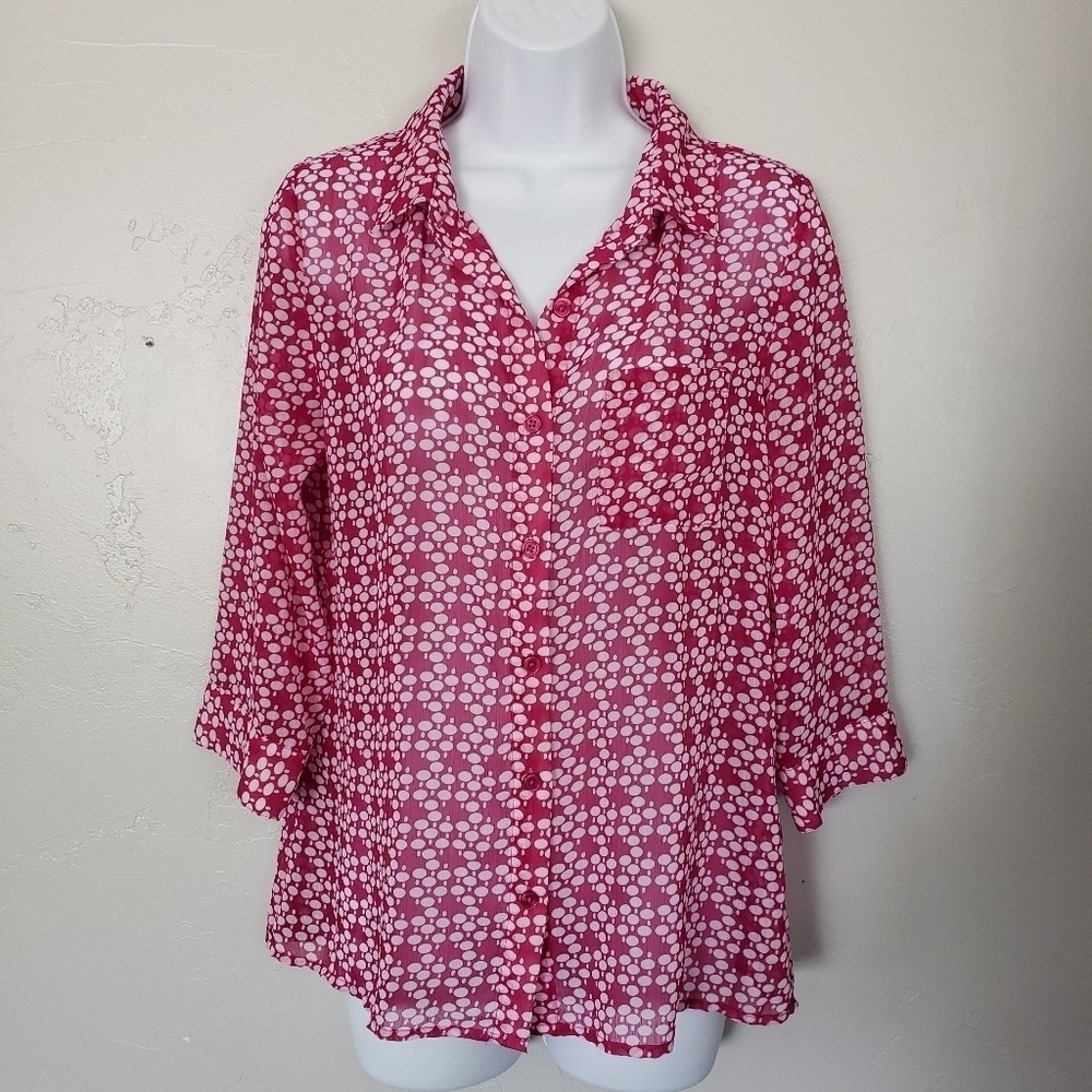 Downeast Basics Small Magenta Pink Chiffon Blouse White Polka Dot Button Up Top